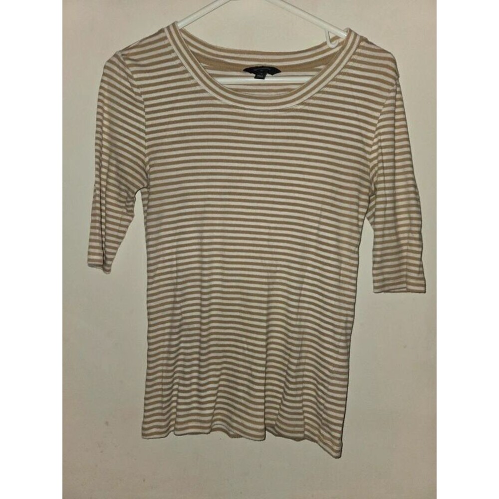 Banana Republic Striped Ribbed 3/4 Sleeve Top Camel White Size S